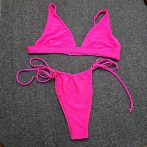 Aerie Ribbed Bikini Set Neon Pink Triangle Large Top Medium Bottom Tie Y2K Vacay
